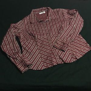 Maroon with silver stripes button up top.